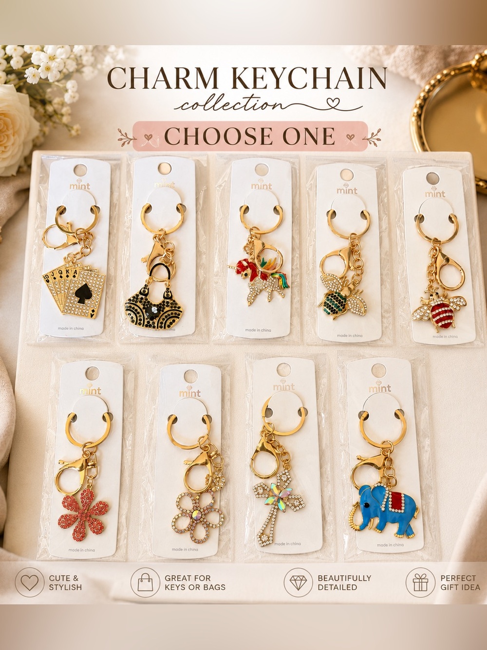 Mint Gold-Tone Assorted Rhinestone and/or Enamel Charm Keychains. CHOOSE ONE.